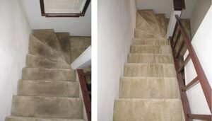 Before and after comparison of a dirty staircase carpet cleaned by Get Green Carpet Cleaning CT in West Hartford, CT.