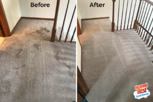 Before and after comparison of a clean carpeted staircase landing by Heaven's Best Carpet Cleaning in Wasilla, AK.