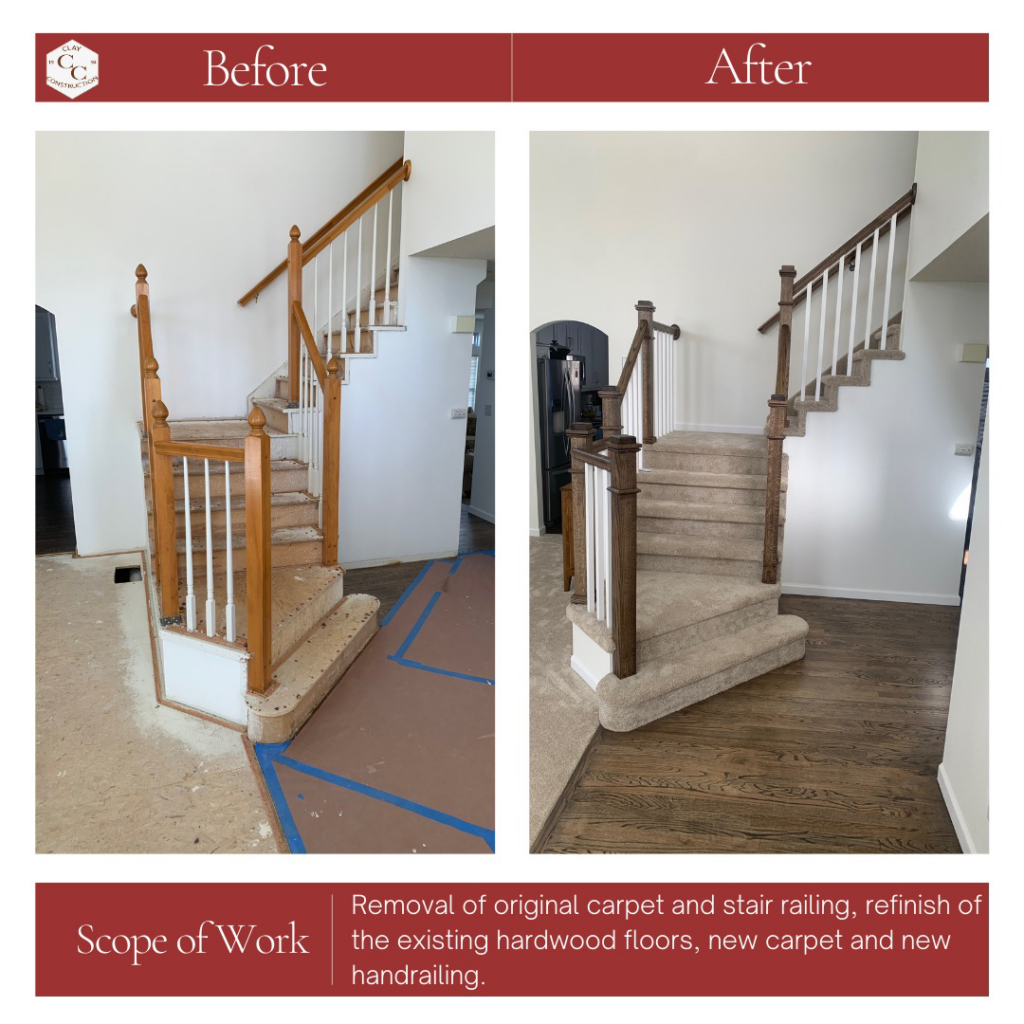 Before and after of a staircase with new carpet installation by Clay Construction LLC in Colorado Springs, CO.