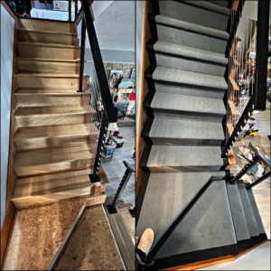 Before and after view of a staircase with new grey carpet installed by Z Flooring in Noblesville, IN
