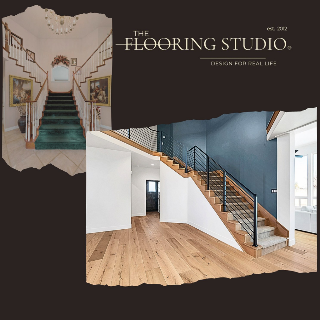 Before and after of a staircase, showing old green carpet replaced with wood and a new carpet runner by The Flooring Studio of St. George, UT.