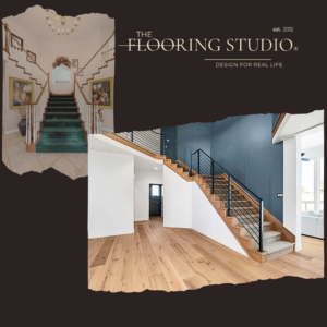 Before and after of a staircase, showing old green carpet replaced with wood and a new carpet runner by The Flooring Studio of St. George, UT.