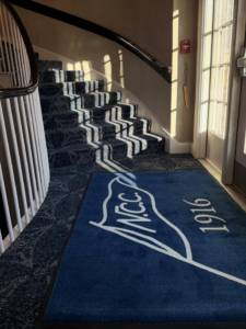 Sunlit view of a blue patterned wall-to-wall carpet installation on a staircase and landing by Persian Rug Gallery in Nashua, NH.