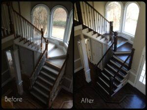 Before and after view of a staircase renovation, transforming carpeted stairs to dark wood, by Peach Design Inc. in Atlanta, GA.