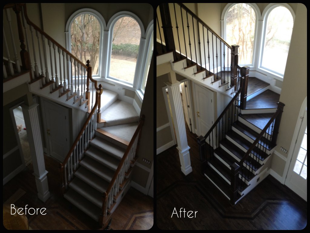 Before and after view of a staircase renovation, transforming carpeted stairs to dark wood, by Peach Design Inc. in Atlanta, GA.