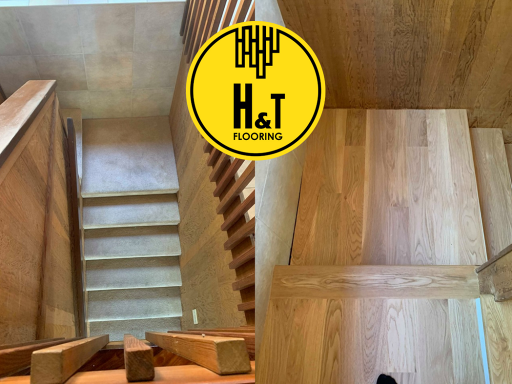 Split image showing carpeted stairs on the left and newly installed hardwood stairs on the right by H & T Flooring in Clarksville, TN