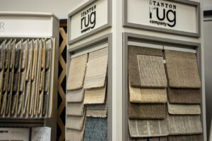 Various carpet samples from Stanton Rug Company displayed at Grain Design Flooring in Florence, KY.