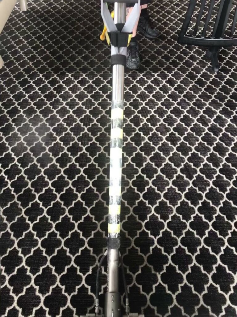 Steam visibly rising from a patterned carpet during cleaning by Bee Clean Carpet Steam Cleaning in Dover, DE.