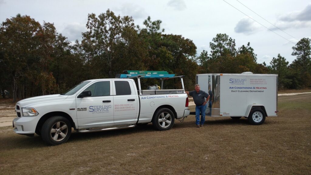 A Sterling Service of Florida Inc truck and trailer for air conditioning, heating, and duct cleaning in Tallahassee, FL.