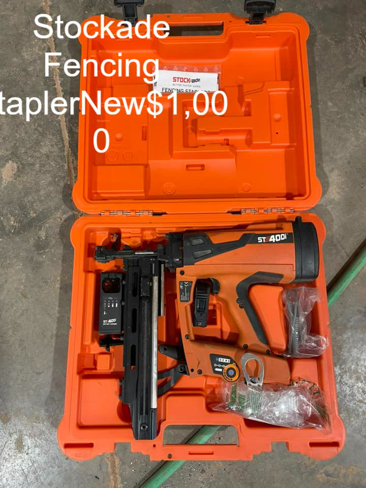 A Stockade fencing stapler, a specialized tool used by Fence Tech Services, LLC for fencing jobs in Sundance, WY.
