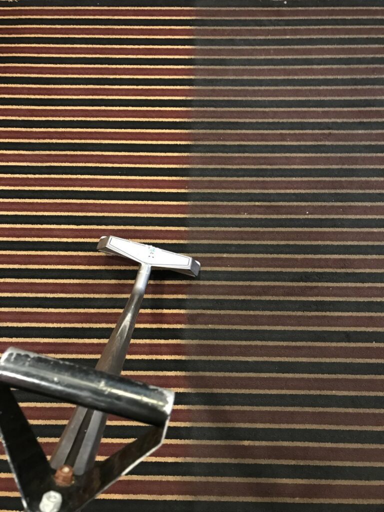 Carpet cleaning in progress in a store aisle, showing a clean strip next to a dirty section by Bee Clean Carpet Steam Cleaning in Dover, DE.