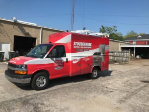 A Stoudenmire Heating & Air Conditioning service truck with branding parked in Columbia, SC.