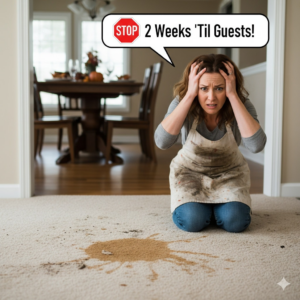 A stressed woman looking at a large spill on her carpet, needing cleaning from Abq Prime Carpet Cleaners in Albuquerque, NM.