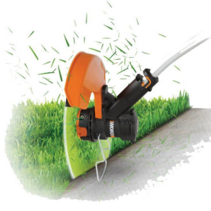 A string trimmer cutting grass along a concrete edge, demonstrating lawn care services by Swiams Landscaping and Snow Removal in Milwaukee, WI.