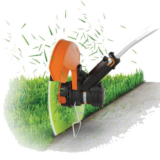 A string trimmer cutting grass along a concrete edge, demonstrating lawn care services by Swiams Landscaping and Snow Removal in Milwaukee, WI.