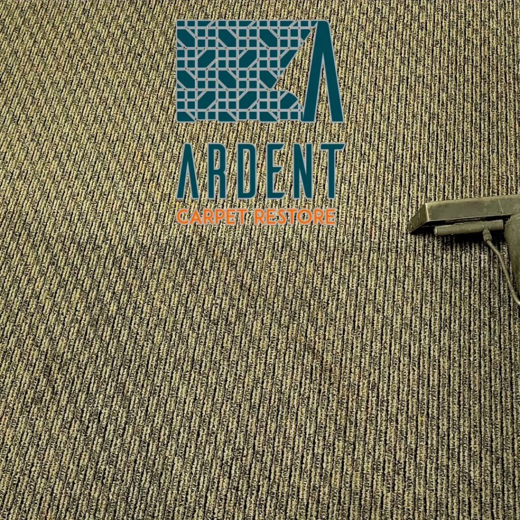 A carpet cleaning wand cleaning a striped carpet, showing a clean section by Ardent Carpet Restore in Sacramento, CA.