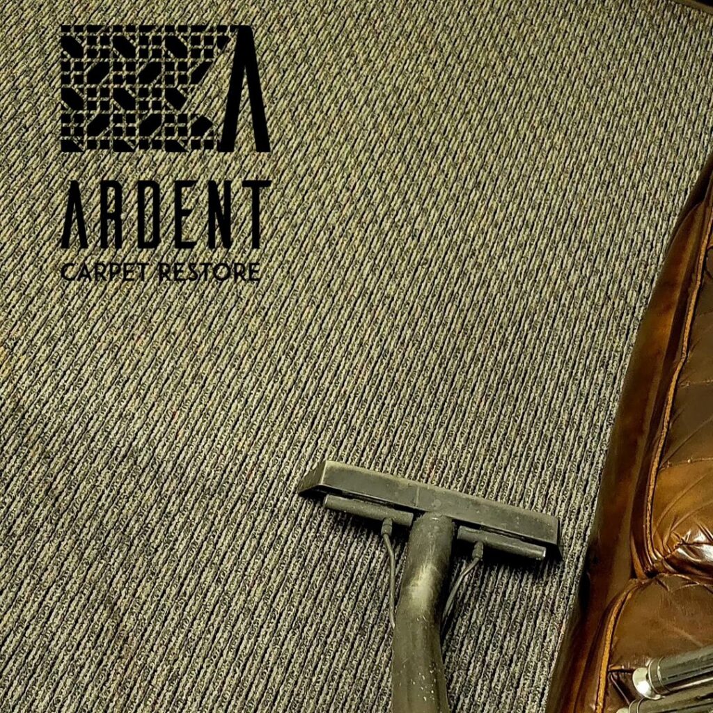 A carpet cleaning tool cleaning a striped carpet next to a brown couch by Ardent Carpet Restore in Sacramento, CA.