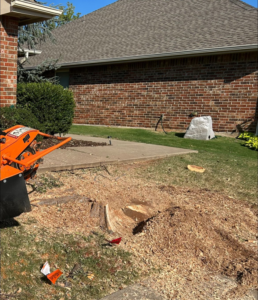 A stump grinder next to a freshly ground tree stump, showing professional service by Lawns Plus More LLC in Edmond, OK.