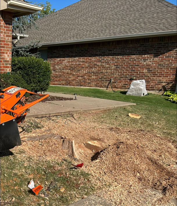 A stump grinder next to a freshly ground tree stump, showing professional service by Lawns Plus More LLC in Edmond, OK.