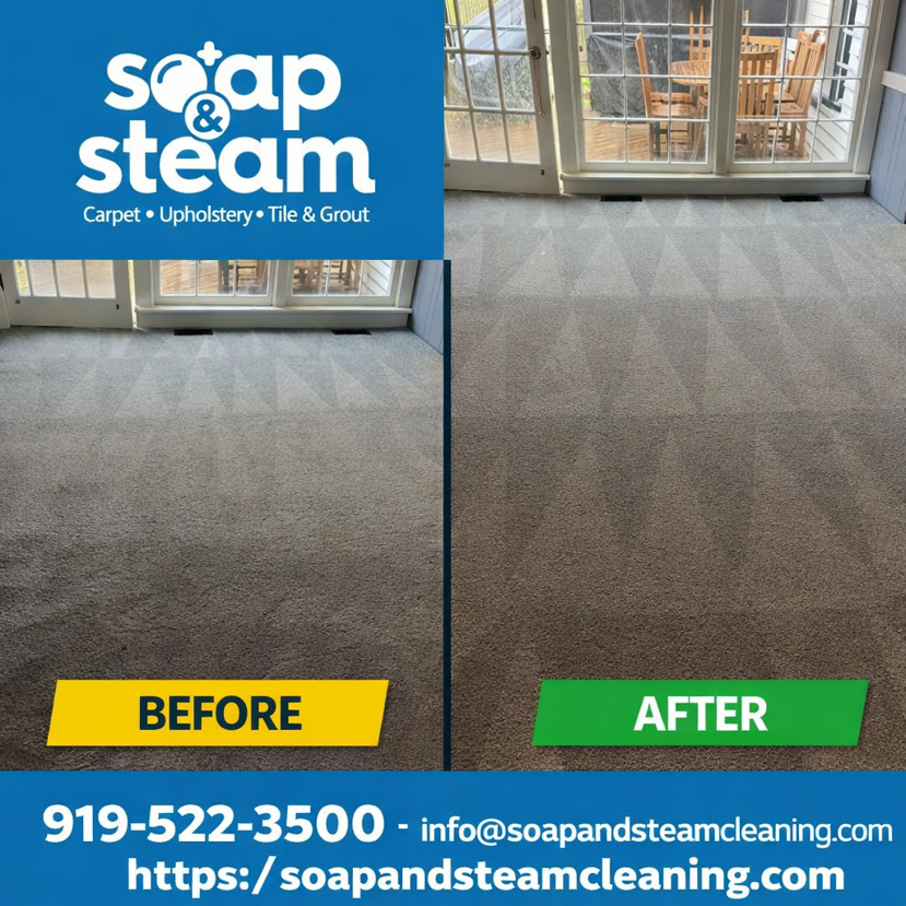 Before and after of a sunroom carpet cleaning service by Soap & Steam Carpet Cleaning in Raleigh, NC