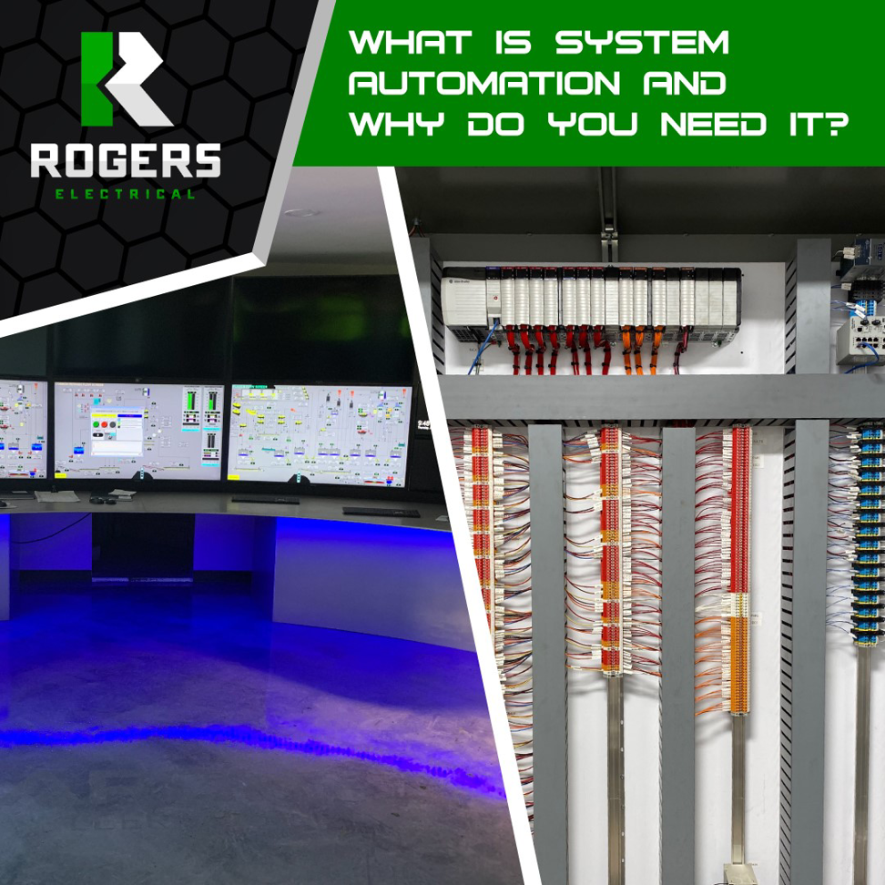 A split image showing a system automation control room and the intricate wiring inside an electrical control panel by Rogers Electrical Contracting Company Inc in Fairmont, WV.