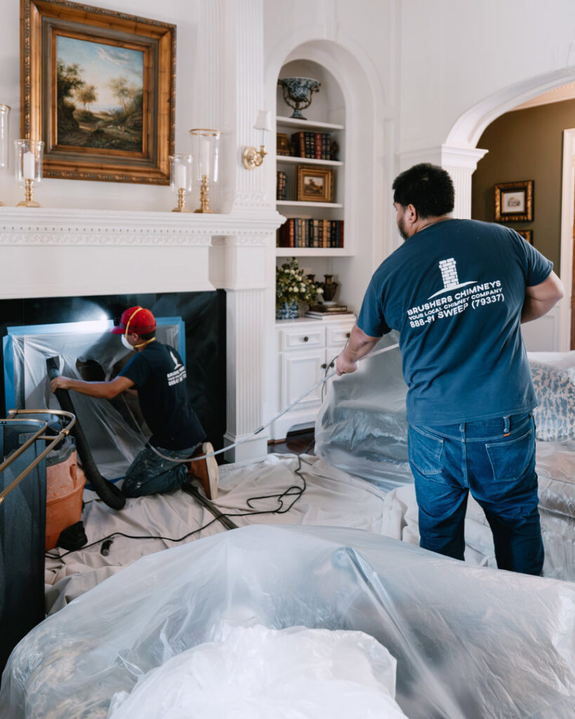 A tall chimney with siding and ladders leaning against it, indicating a chimney service by Brushers Chimneys in Houston, TX.