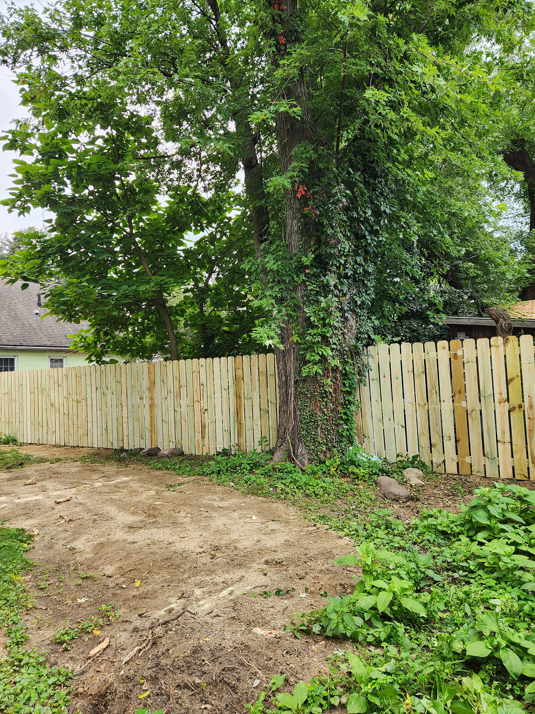 A tall wooden privacy fence recently installed in a residential area by Tussing's Fence in Ann Arbor, MI.