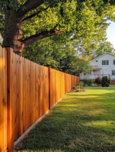 A tall wooden privacy fence installed in a residential property by Lawrence Fence Company in Lawrence, KS.