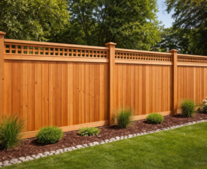 A tall wooden privacy fence with a decorative lattice top, expertly installed by Boundary Line- Fencing Solutions in Long Lake, MN.