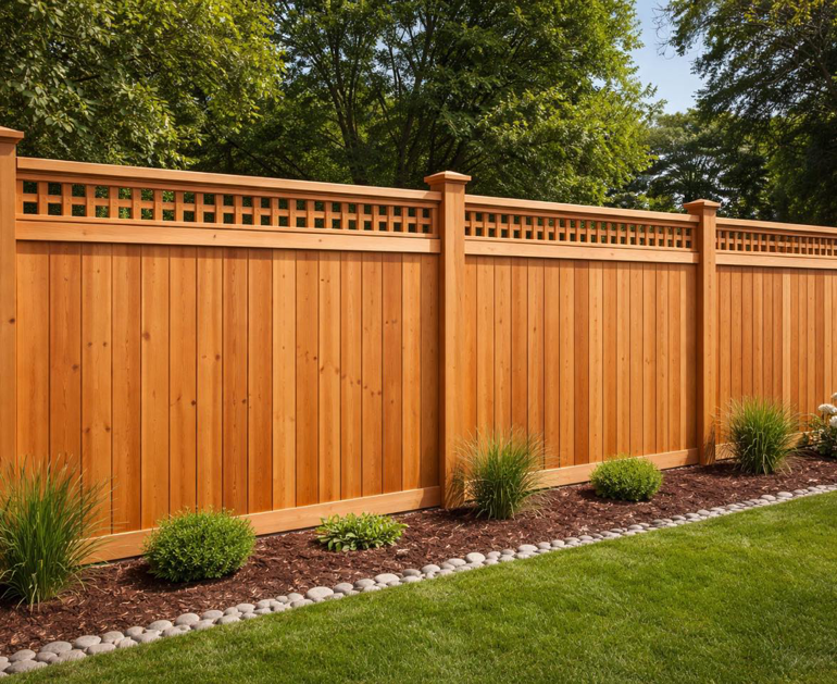 A tall wooden privacy fence with a decorative lattice top, expertly installed by Boundary Line- Fencing Solutions in Long Lake, MN.