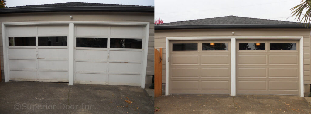 Before and after comparison of two garage door replacements by Superior Garage Door in Saint Paul, MN, showing new tan panel doors with windows.