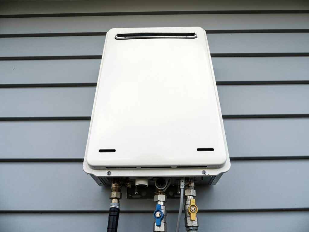 A white tankless water heater professionally installed on an exterior wall by Evergreen HVAC Comfort Solutions in Milwaukee, WI.