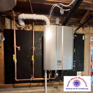 A Rinnai tankless water heater with new copper piping installed by South Shore Mechanical in Abington, MA