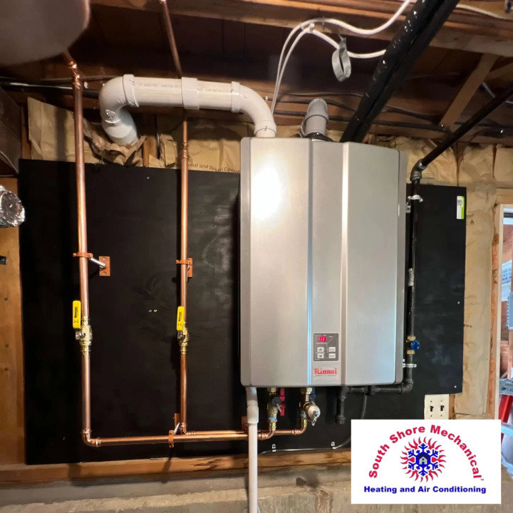 A Rinnai tankless water heater with new copper piping installed by South Shore Mechanical in Abington, MA