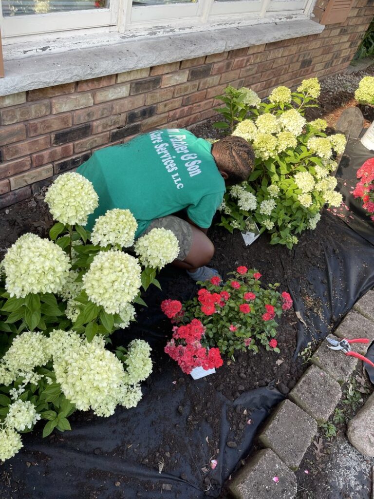 A team member planting flowers in a garden bed for Geno's Father & Son Lawn Services Llc in Hammond, IN