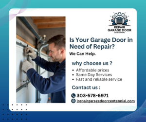 A technician adjusting or repairing a garage door track and rollers for Repair Garage Door Centennial- Garage Repair in Centennial, CO.