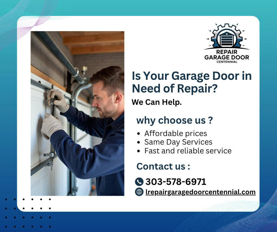 A technician adjusting or repairing a garage door track and rollers for Repair Garage Door Centennial- Garage Repair in Centennial, CO.