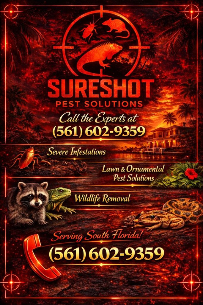 A Sure Shot Pest Solutions technician aiming a rifle into a tree for iguana removal in Fort Lauderdale, FL.