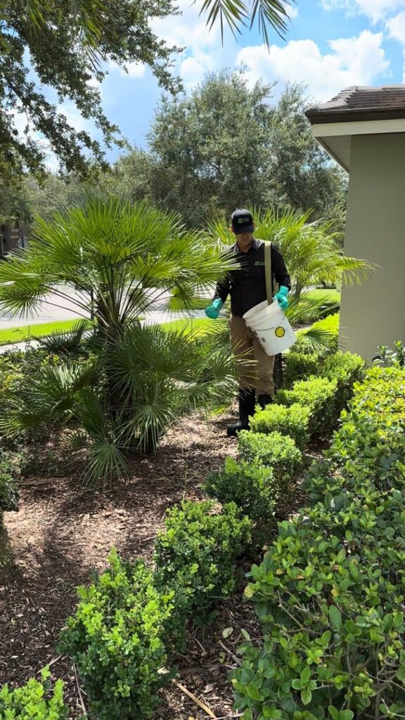 A Sorko Services technician applying granular pest control treatment around shrubs in Sanford, FL.