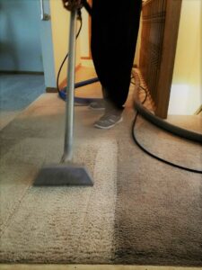 A technician using a carpet cleaning wand on a light-colored carpet, showing a clean path, by Gemini Carpet Cleaning in Lincoln, NE