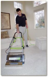 A professional technician operating a carpet cleaning machine on a light-colored carpet in a living room for Bee's Dry Organic Carpet Cleaning in San Antonio, TX.