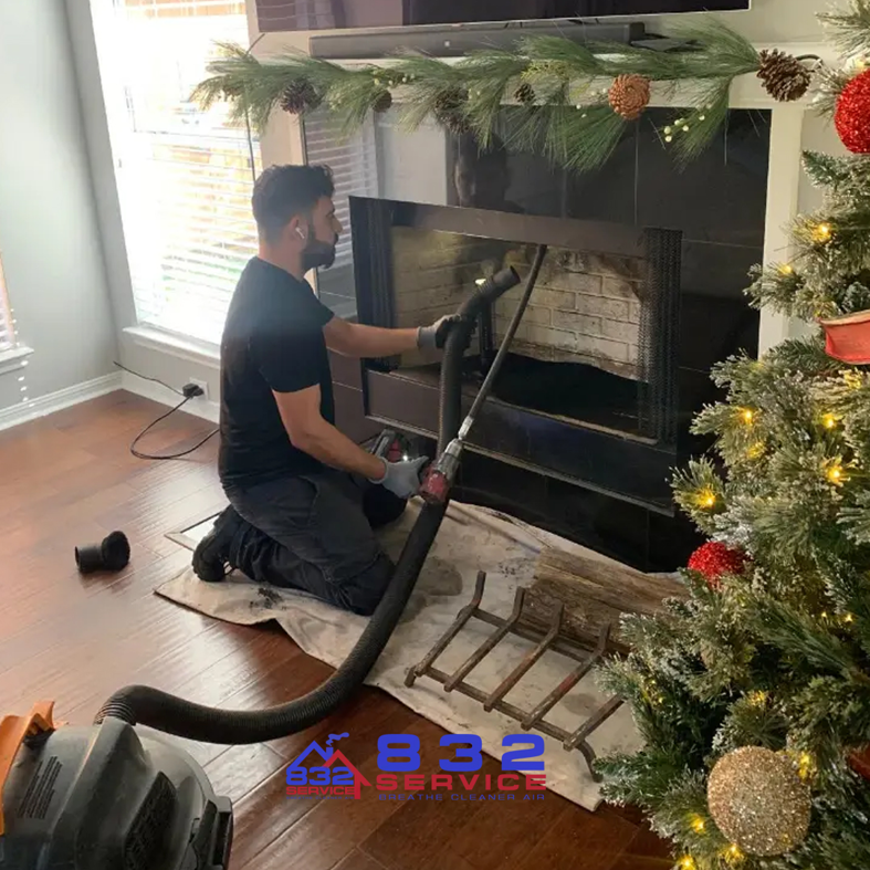 An 832 Home Service technician performing a chimney sweep, cleaning a fireplace with a vacuum in Houston, TX.