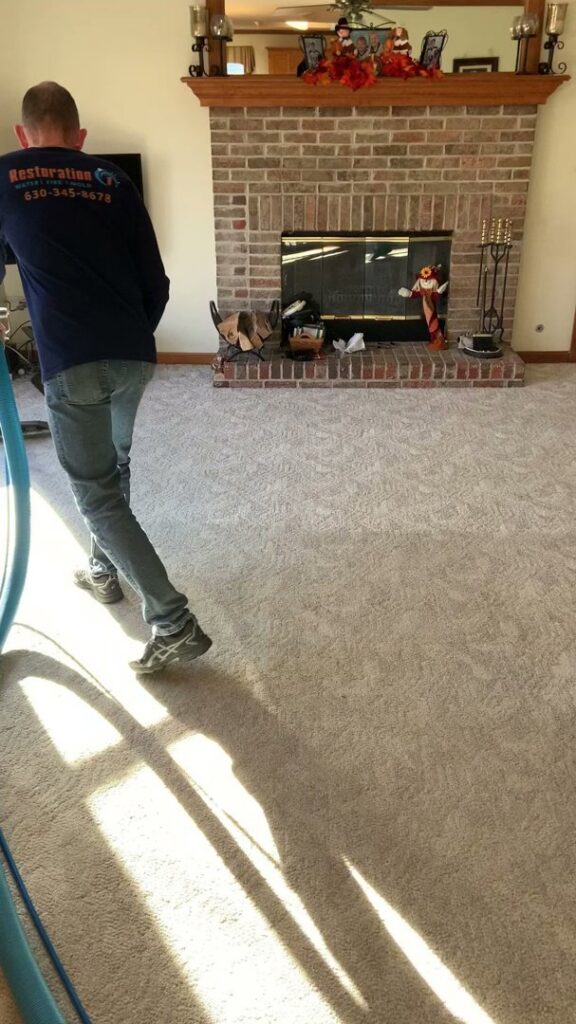 A technician from S&J Carpet Care cleaning a living room carpet with a professional wand in Oswego, IL