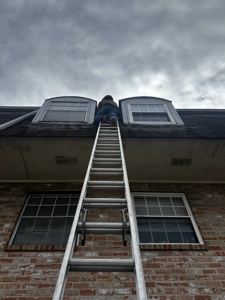 A JPC Exterminating, LLC technician climbing a ladder to inspect a roof for pest entry points in New Orleans, LA.