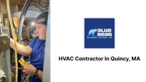 A Blue Bear Plumbing, Heating, & Air technician diagnosing an electrical panel with a multimeter in Norwell, MA.