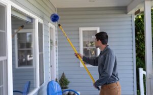A pest control technician using a duster on a long pole to treat a porch ceiling for Pest Control Consultants in Sycamore, IL.