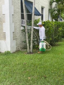 A technician performing exterior pest spraying with a backpack sprayer for PNP Pest Solutions LLC in Miami, FL.