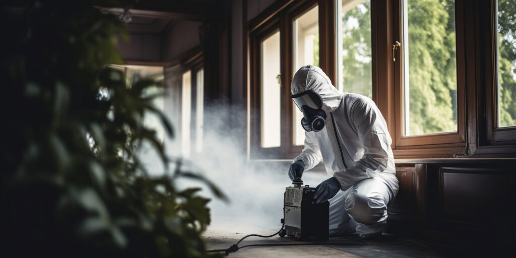 A technician in a hazmat suit and gas mask operating a fogging machine for pest control by Venum Pest Solutions in Fayetteville, NC.