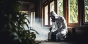 A technician in a hazmat suit and gas mask operating a fogging machine for pest control by Venum Pest Solutions in Fayetteville, NC.