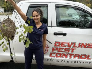 A Devlins Pest Control technician holding a removed wasp or hornet nest next to a company truck in Reading, PA.
